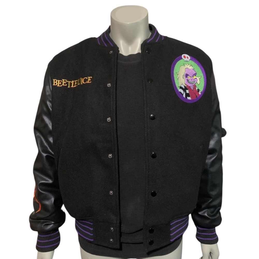 Beetlejuice Halloween Horror Haunted House Mens Varsity Embroidered Patch Jacket - Picture 9 of 11